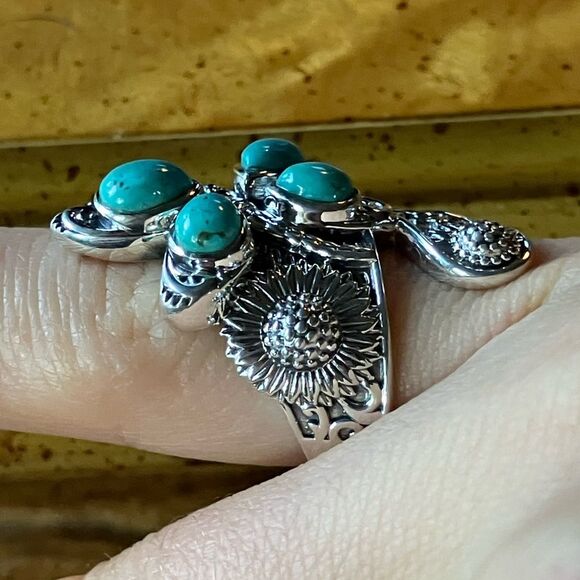 Sierra Nevada Turquoise Sterling Silver Butterfly Sunflower Ring Size 5 - Picture 3 of 9